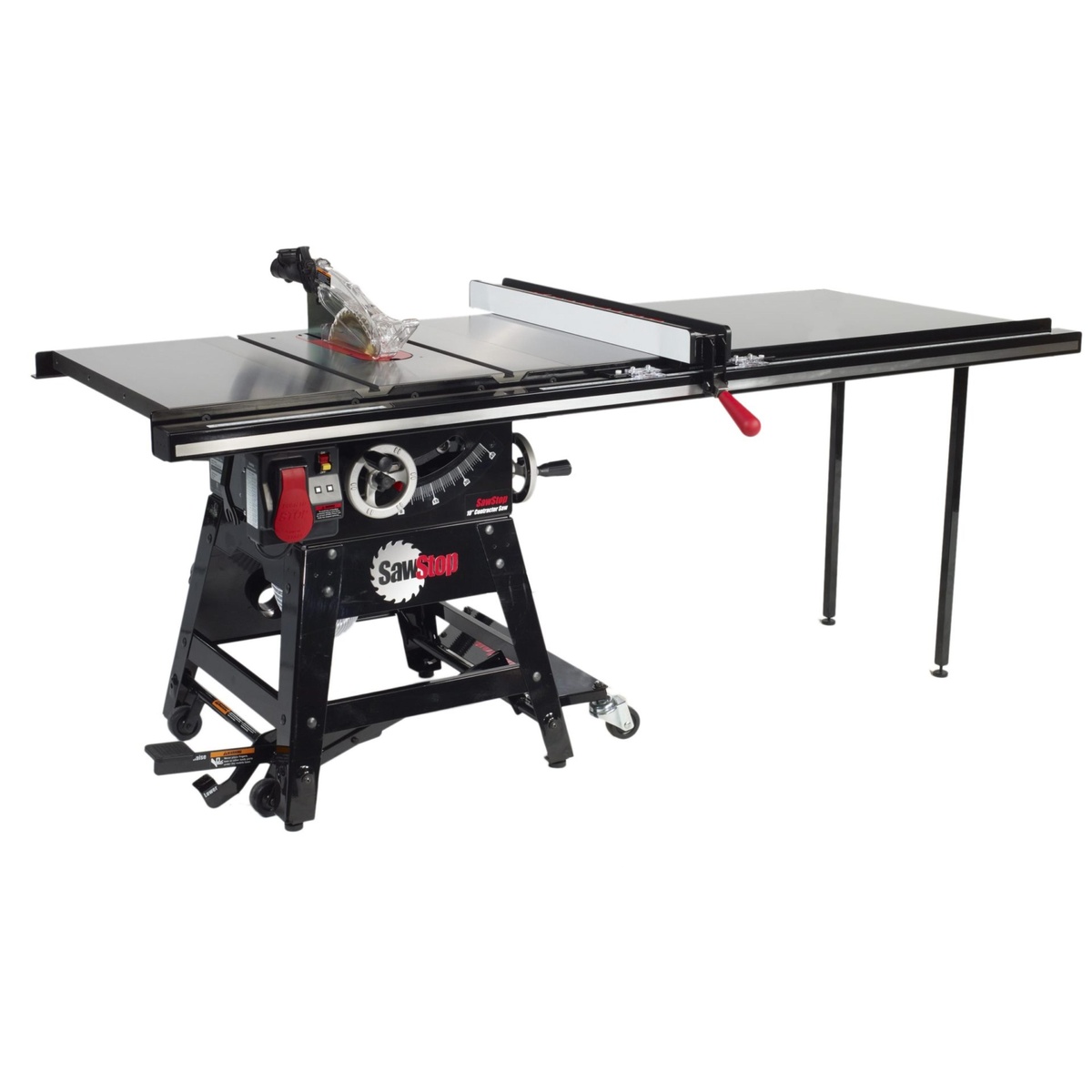 SawStop MB-CNS-000 Contractor Saw Mobile Base installed on a full contractor saw with fence and extension table in a shop-ready setup