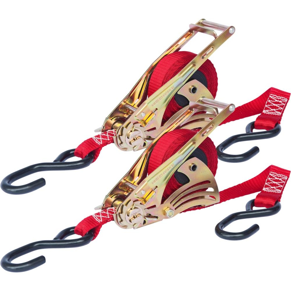 Quickloader QL150005 1500lb 12ft Ratchet Strap, 2-Pack shown with retractable red webbing, steel ratchet bodies, and S-hooks for securing cargo on a truck or trailer