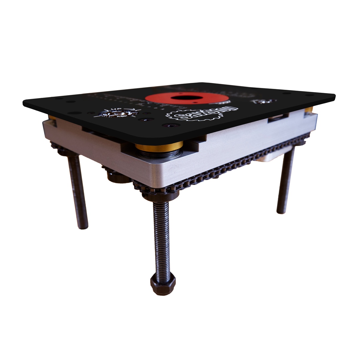 SawStop RT-LFT Four-Post Router Lift with Lock shown as a router table accessory with top plate and insert ring for woodworking setup