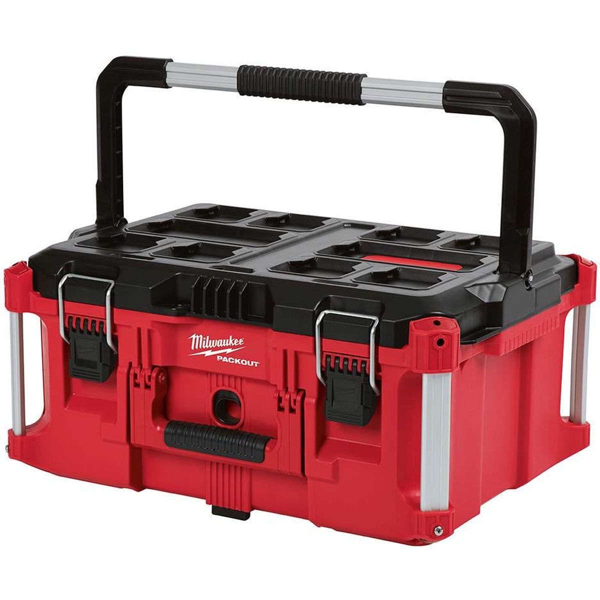 Milwaukee PACKOUT large tool box showing carry handle, lid layout, and front latches for organized tool storage on a clean background