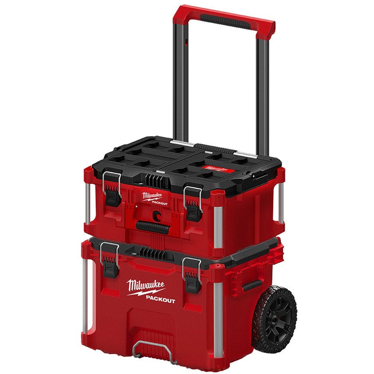 Milwaukee 2-Piece PACKOUT Rolling Tool Box + Large Tool Box Set stacked for transport with telescoping handle extended on a clean shop background