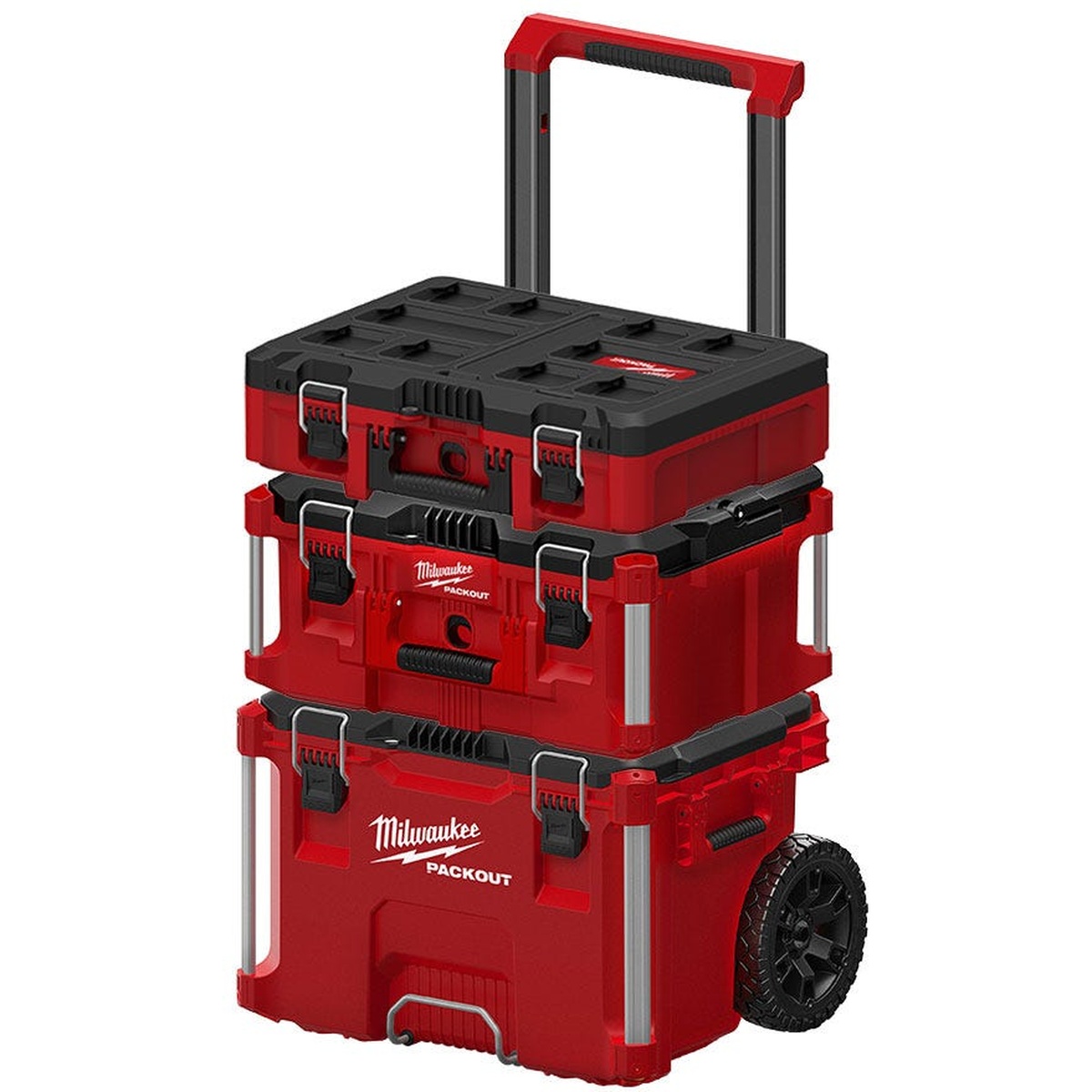 Milwaukee 3-Piece PACKOUT Rolling Tool Box + Large Tool Box + Small Tool Box Set stacked for transport on a jobsite-style setup with rolling base, large box, and small box connected together