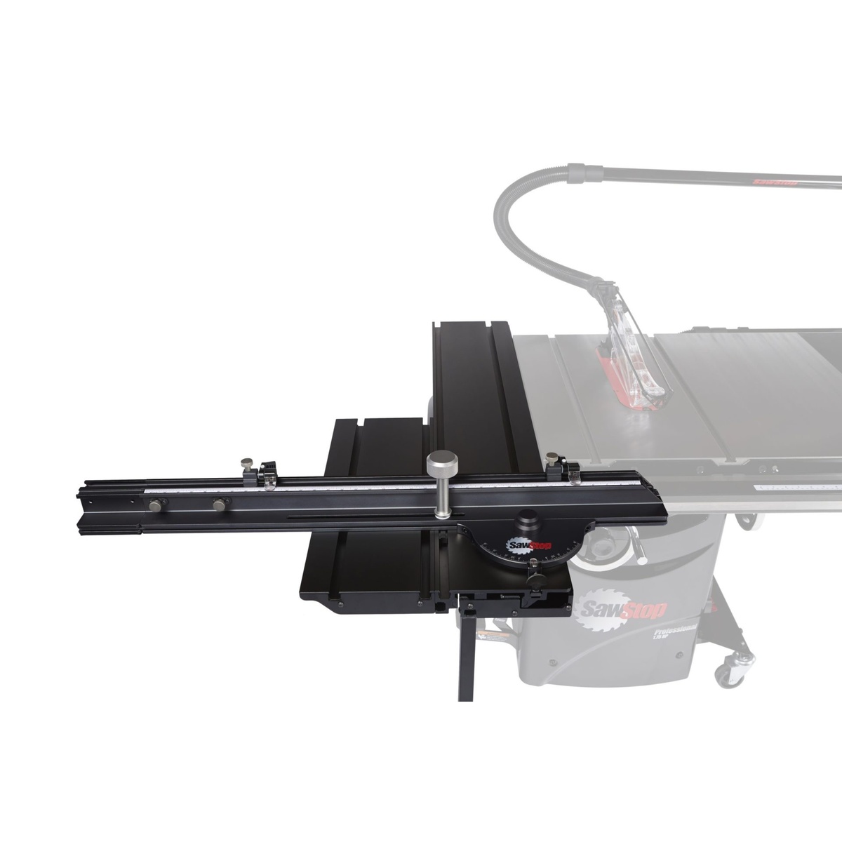 SawStop Sliding Crosscut Table mounted to a SawStop table saw showing the full accessory layout and support leg position