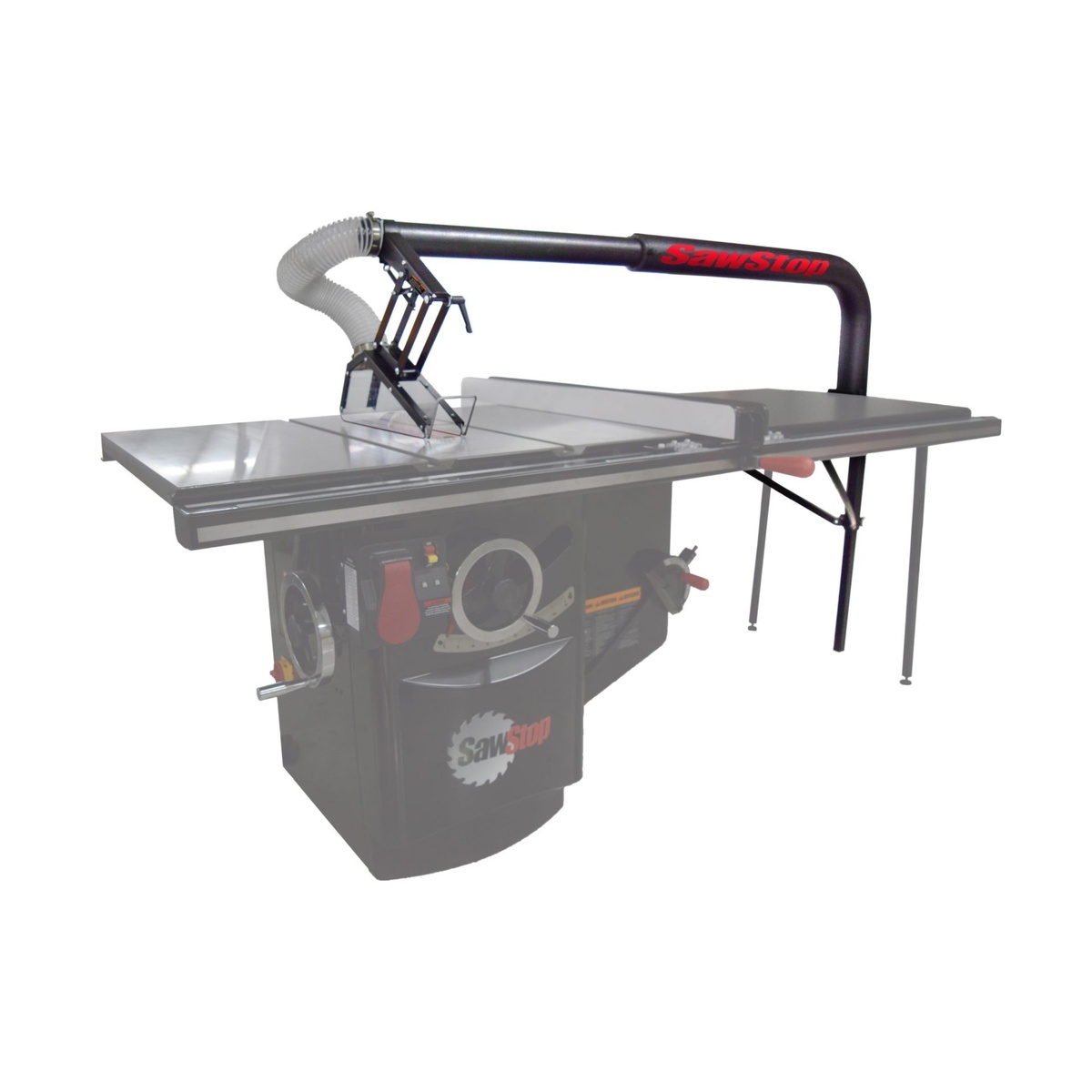 SawStop TSG-FDC Floating Overarm Dust Collection Guard mounted across a table saw with extension table showing full overarm reach and support leg placement