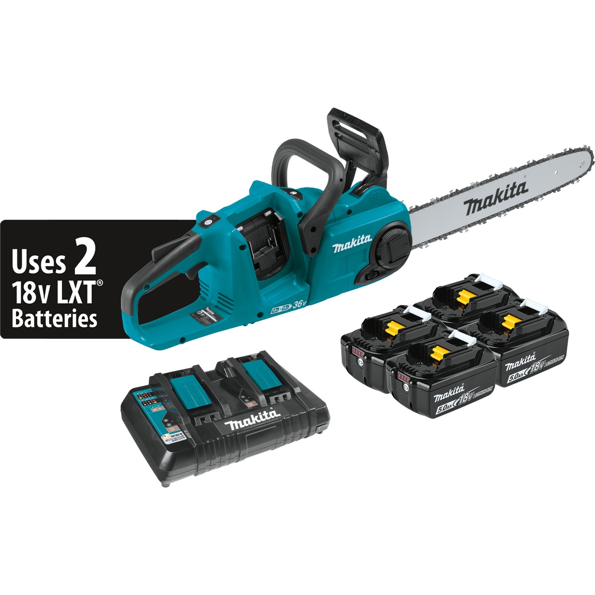 Makita XCU04PT1 chain saw kit with dual-port charger and four 18V 5.0Ah batteries for extended cordless cutting and trimming work