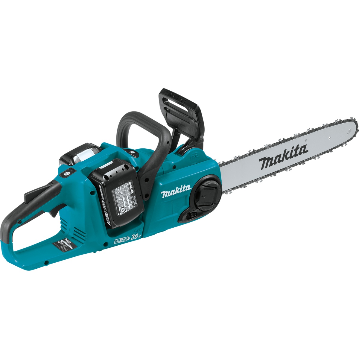 Makita XCU04PT1 36V 18V X2 LXT brushless chain saw shown with 16 inch bar and chain for trimming and cutting wood around property maintenance work