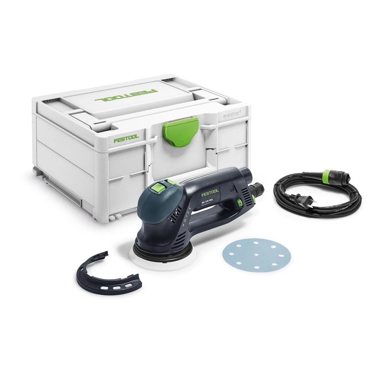 Festool 576032 RO 125 FEQ-Plus Rotex 125mm 5 inch multi-mode sander with Systainer3, detachable Plug-It power cord, pad, and protector on a clean background
