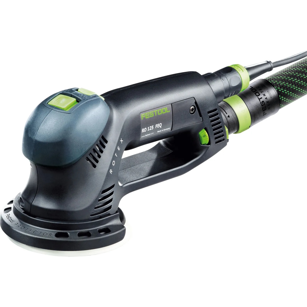 Festool 576032 RO 125 FEQ-Plus Rotex 125mm 5 inch multi-mode sander close-up showing dust hose connection, controls, and edge protector