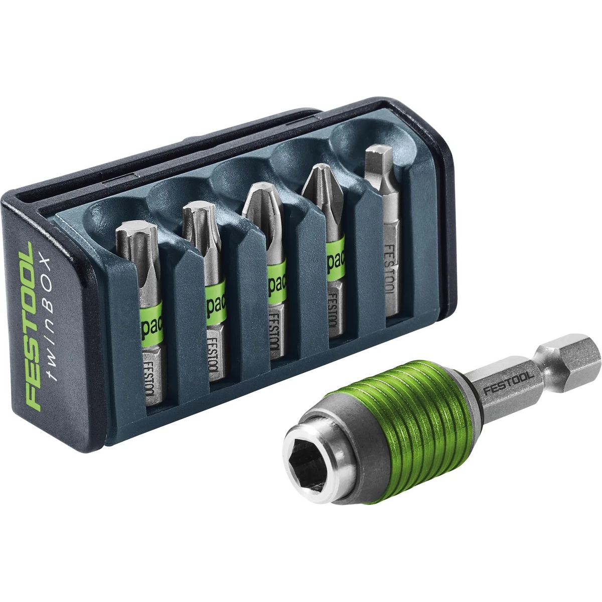 Festool 204384 5-Piece Impact Bit Set w/ Lockable Impact Bit Holder with BitBOX case, five 1 inch impact driver bits, and lockable holder shown as a compact fastening kit for shop or jobsite use