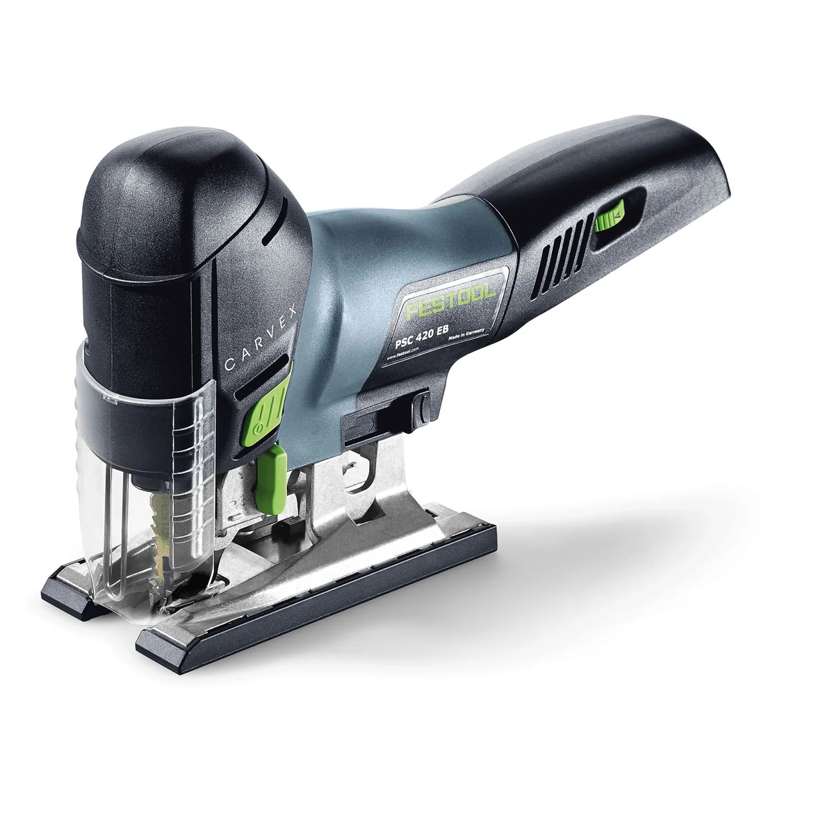 close-up of the Festool PSC 420 EB Cordless Carvex Jigsaw showing the barrel grip body, clear blade guard, and cutting base on a plain background