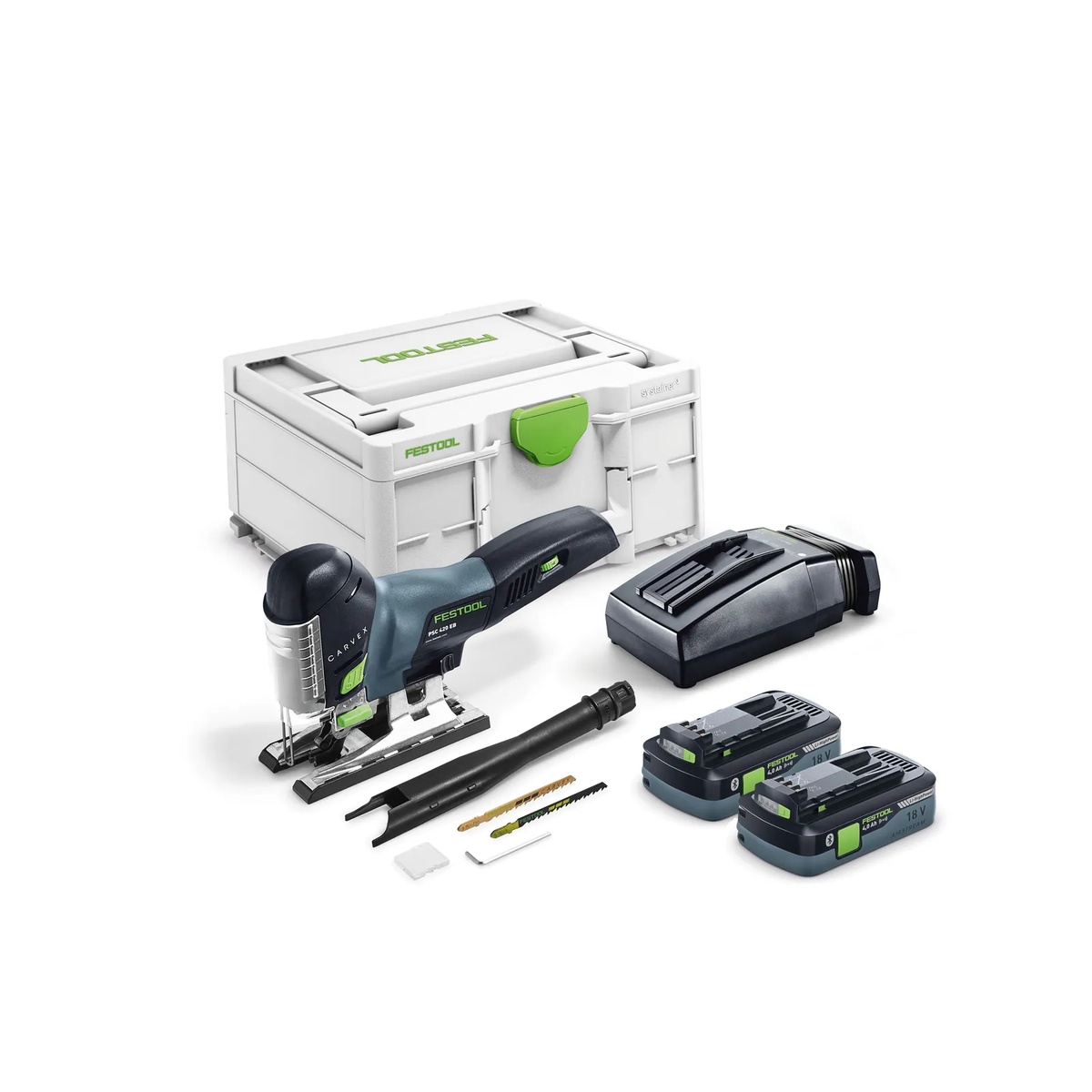 Festool 576527 PSC 420 EB Cordless Carvex Jigsaw Bluetooth 4.0Ah Kit with Systainer3 shown with charger, two 18V 4.0Ah batteries, blades, and accessories on a clean background