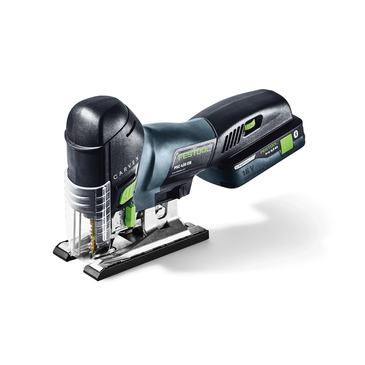 Festool 576527 PSC 420 EB Cordless Carvex Jigsaw Bluetooth 4.0Ah Kit with Systainer3 close-up showing the blade area, base, and battery on a studio background