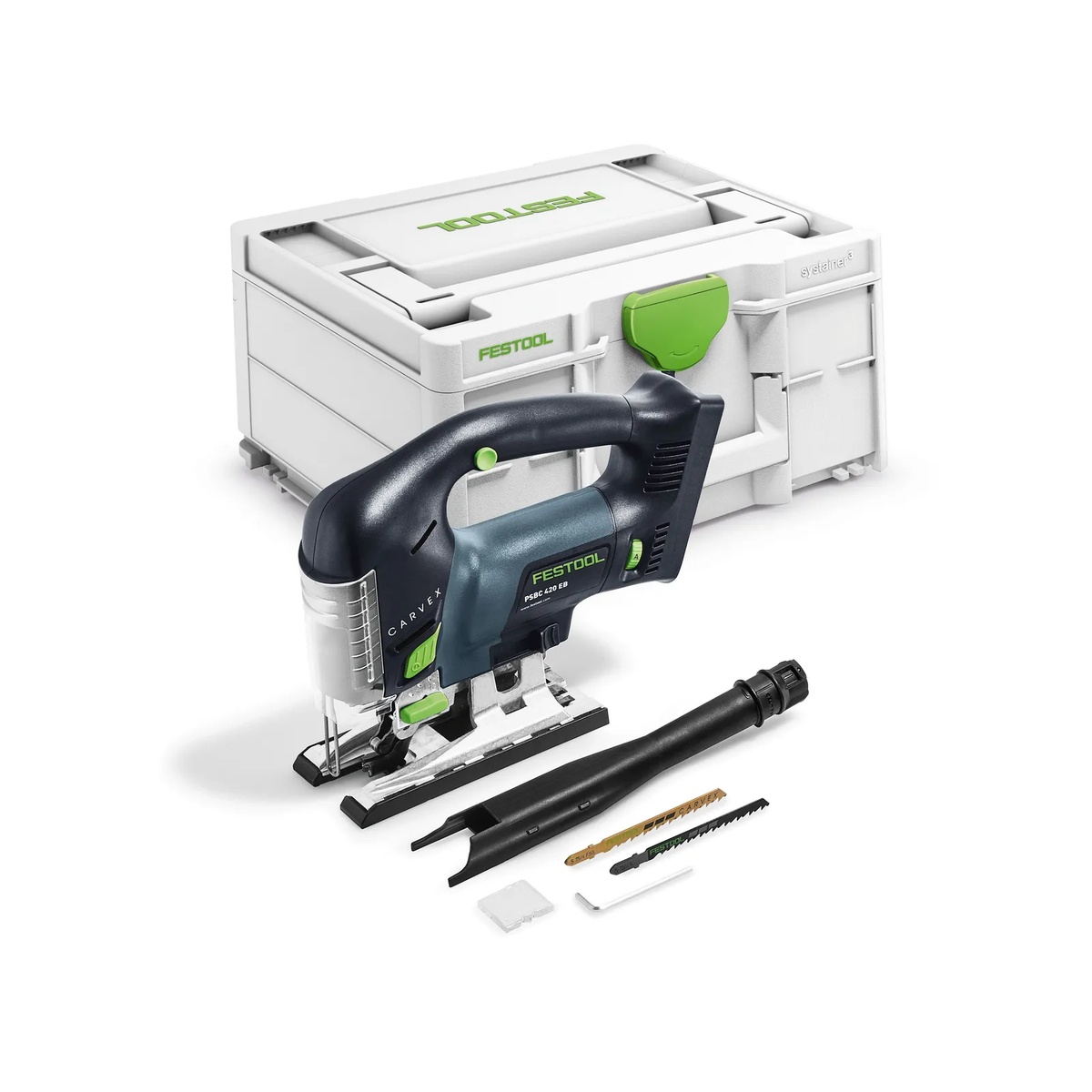 Festool Cordless Carvex Jigsaw PSBC 420 EB-Basic with Systainer3, blade, splinter guard, and accessories on a clean background