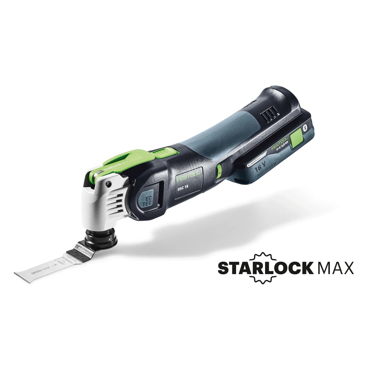Festool 576590 Vecturo OSC 18 StarlockMax Cordless Multi-Tool Set 4.0Ah Kit with Systainer3 shown with blade installed, highlighting the StarlockMax interface for fast accessory changes on the jobsite