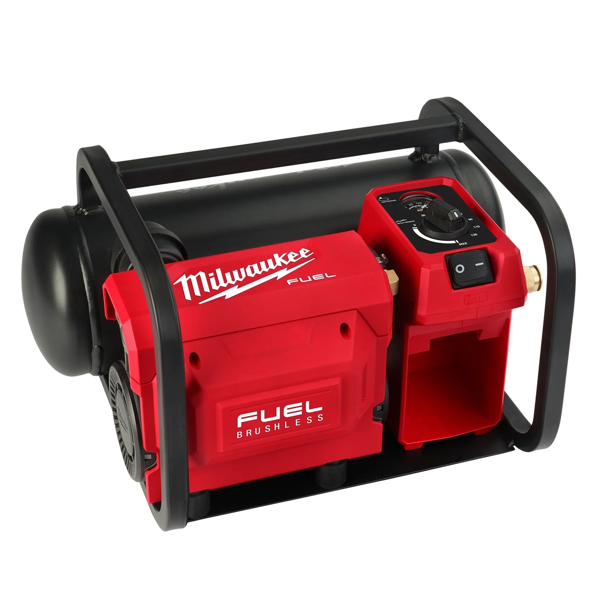 Milwaukee 2840-20 M18 FUEL 2 Gallon Compact Quiet Compressor product view showing protective frame, regulator, and compact tank layout