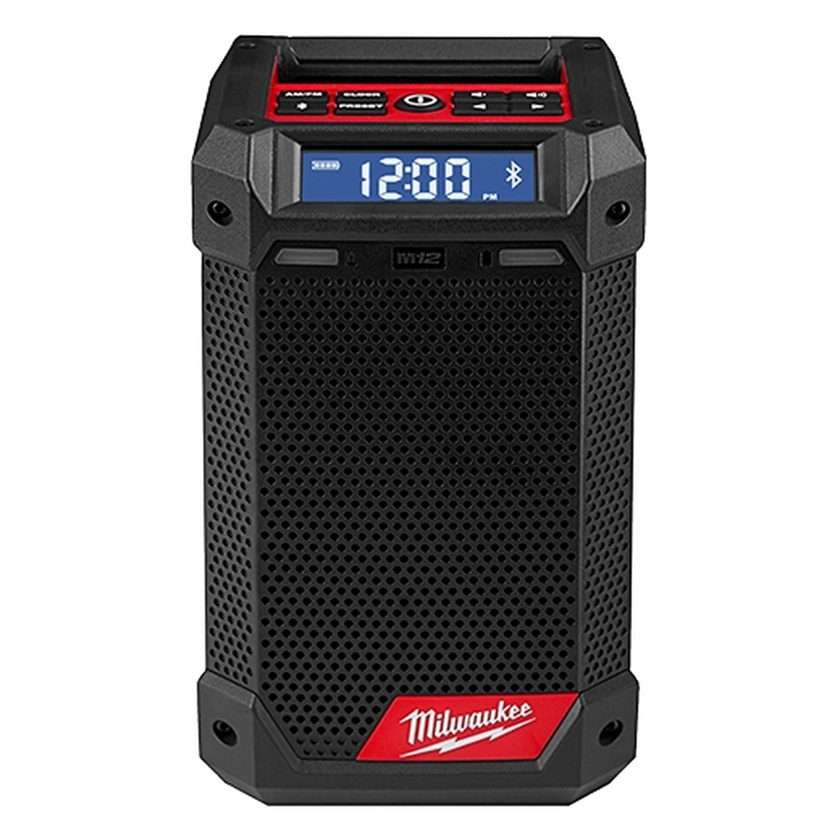 Milwaukee 2951-20 M12 Radio + Charger front view showing top control panel, display, and compact speaker body for shop and jobsite use