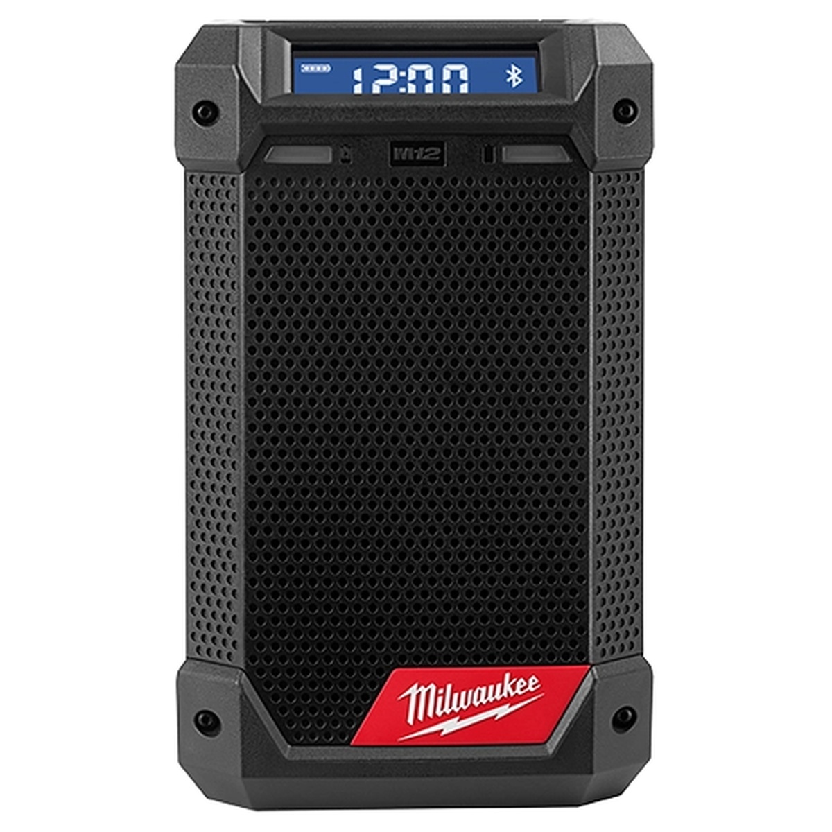 Milwaukee 2951-20 M12 Radio + Charger front product shot showing rugged housing and speaker grille for portable workshop audio