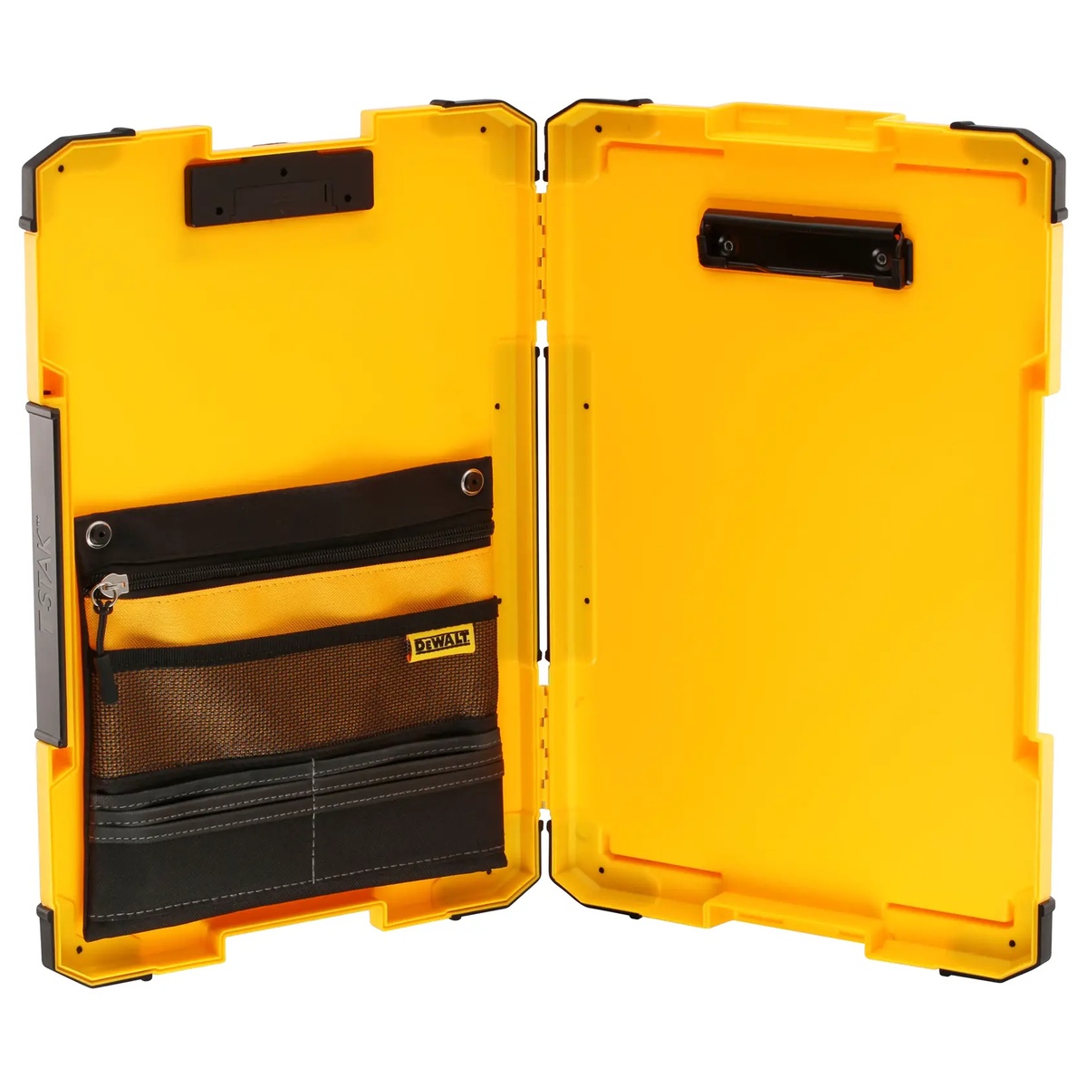 Open DEWALT DWST17818 TSTAK Mobile Storage Clipboard showing paper clip locations and interior organizer layout for job documents and small accessories