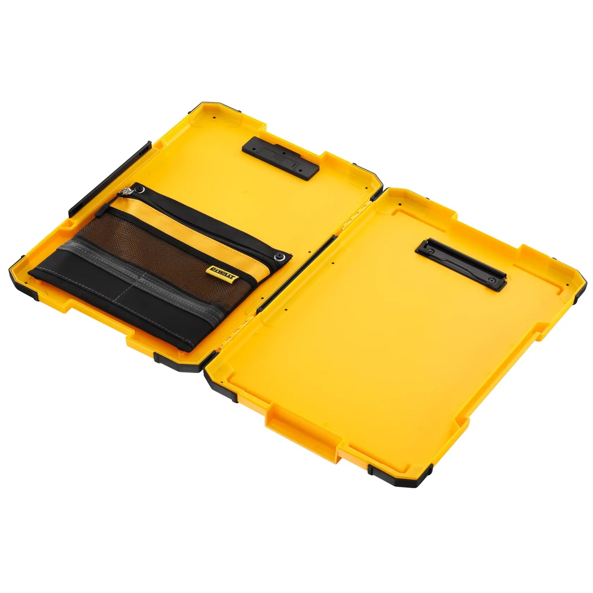 DEWALT DWST17818 TSTAK Mobile Storage Clipboard opened to show the ballistic nylon organizer pouch and internal storage compartments on a clean background