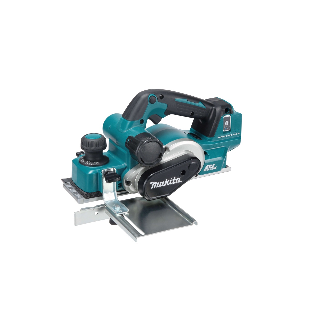 Makita XPK02Z 18V LXT Lithium-Ion Brushless Cordless 3-1/4 inch planer shown with guide setup for precise edge planing and rabbeting on woodworking material in a shop or jobsite setup