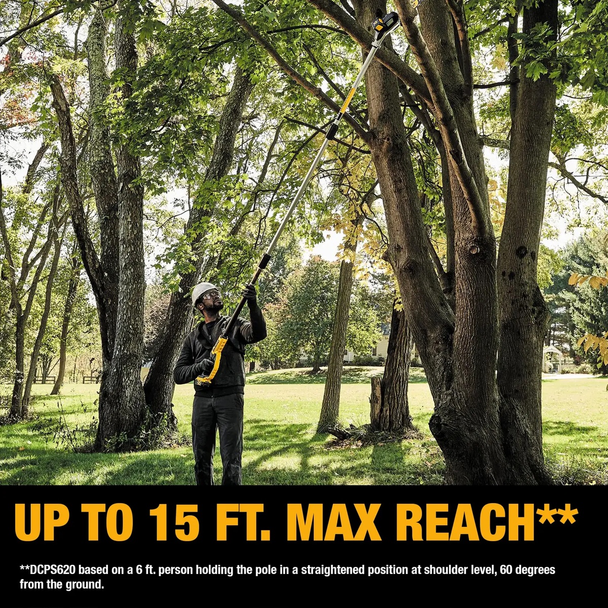 DEWALT 20V MAX Brushless Cordless Pole Saw and Pole Hedge Trimmer Combo Kit being used to cut an overhead tree limb in a yard during outdoor pruning work
