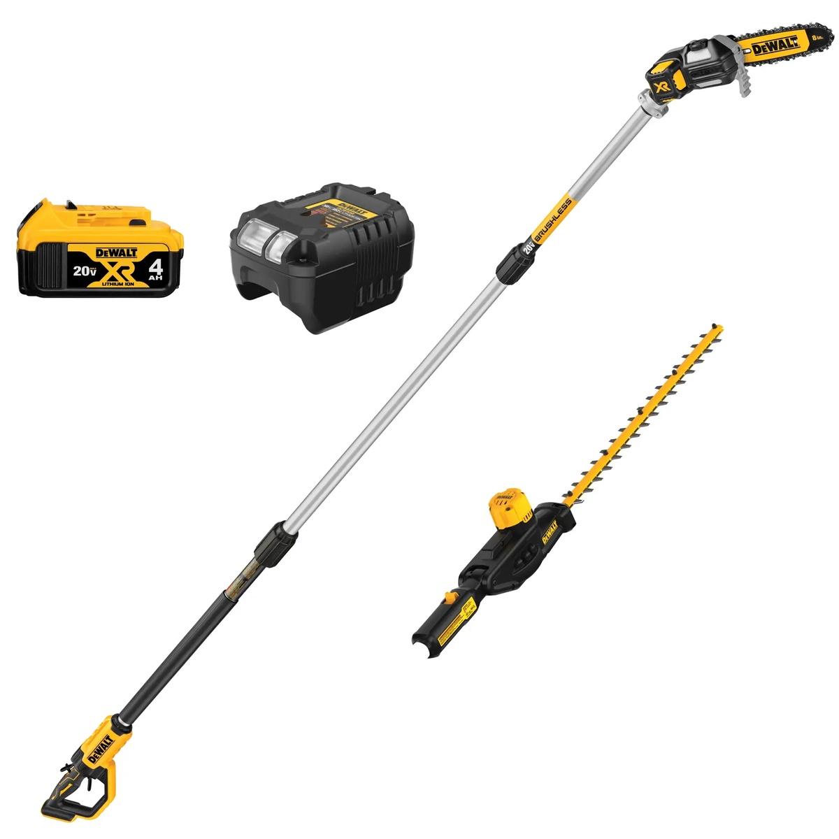DEWALT 20V MAX Brushless Cordless Pole Saw and Pole Hedge Trimmer Combo Kit shown with pole saw attachment, hedge trimmer head, battery, and charger on a clean background