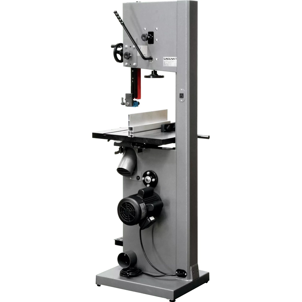Rear view of the Laguna MBAND14BX110-175 14|BX Bandsaw 110 Volt showing motor placement and dual 4 inch dust ports for woodworking dust collection in a shop
