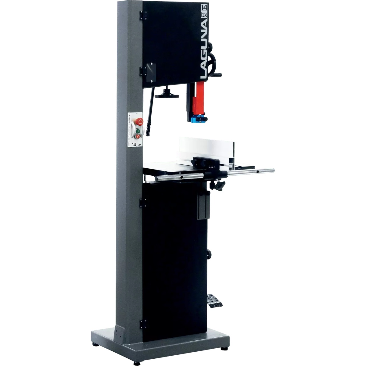 Laguna MBAND14BX220-250 14|BX Bandsaw 220 Volt angled front view showing the large table, fence, and controls for woodworking cuts