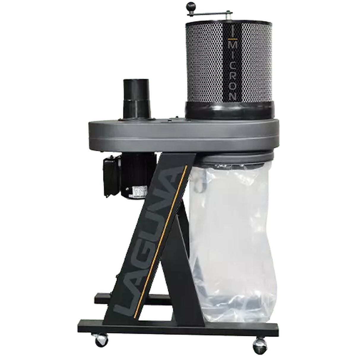 Laguna MDCBF1110C1M B|Flux Dust Collector shown as a compact single-stage dust collection unit for a woodworking shop with canister filter, lower collection bag, and mobile caster base
