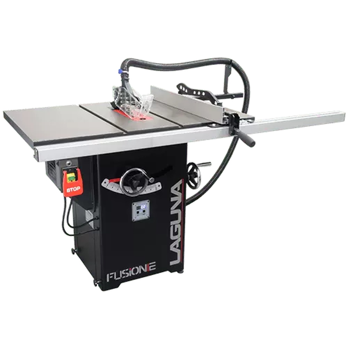 Laguna F2 Fusion Tablesaw cabinet table saw shown with fence, blade guard, and cast iron top in a workshop-ready setup for woodworking and rip cutting