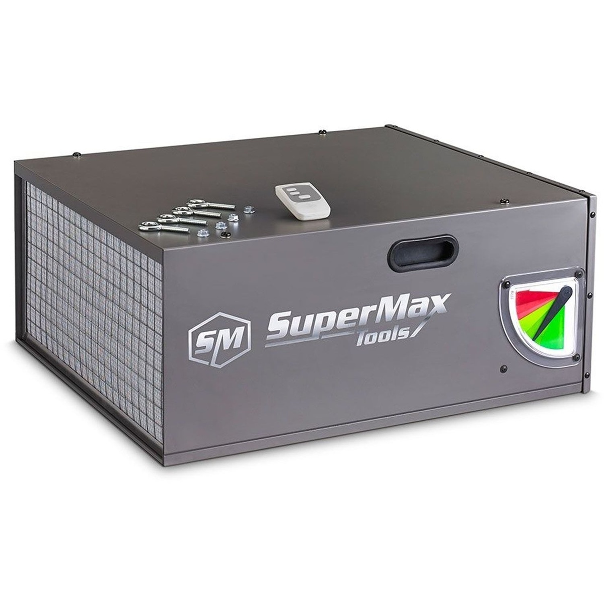 Supermax SUPMX-810650 Air Filtration Unit shown as a ceiling-mount style workshop air cleaner with filters, remote, and mounting hardware for woodworking shop dust control