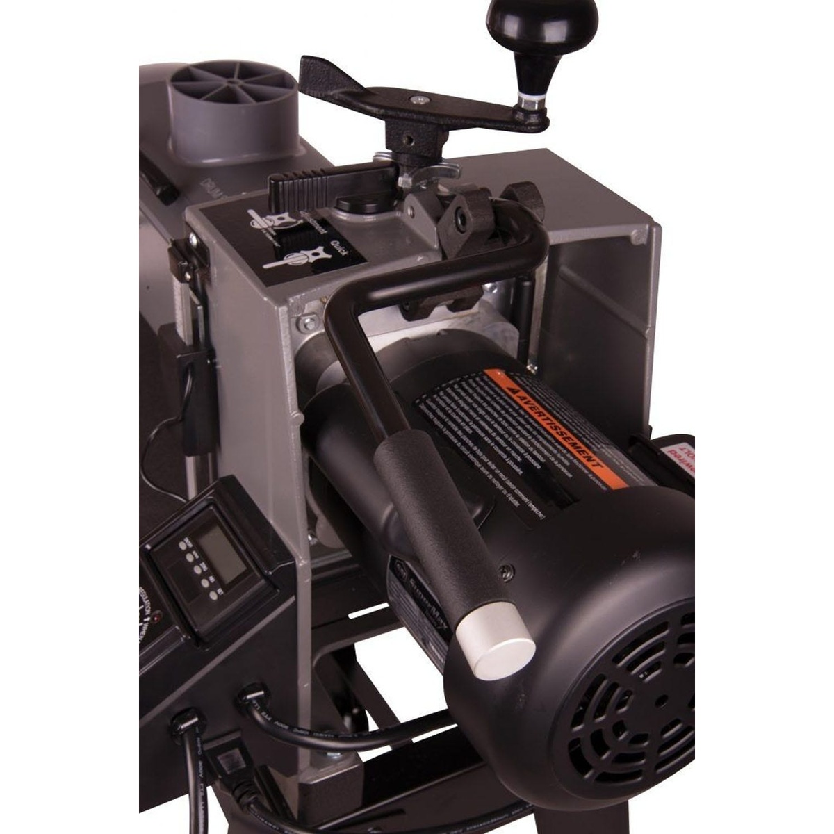 Supermax SUPMX-71632 16-32 Drum Sander with Open Stand close-up of rear motor, lever, and alignment area for conveyor tracking and wide stock sanding adjustment