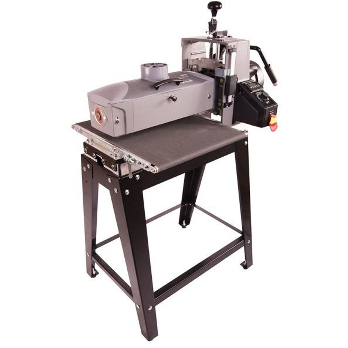 Supermax SUPMX-71632 16-32 Drum Sander with Open Stand shown as a full product view in a woodworking shop setup with open stand and conveyor table for thickness sanding wood stock