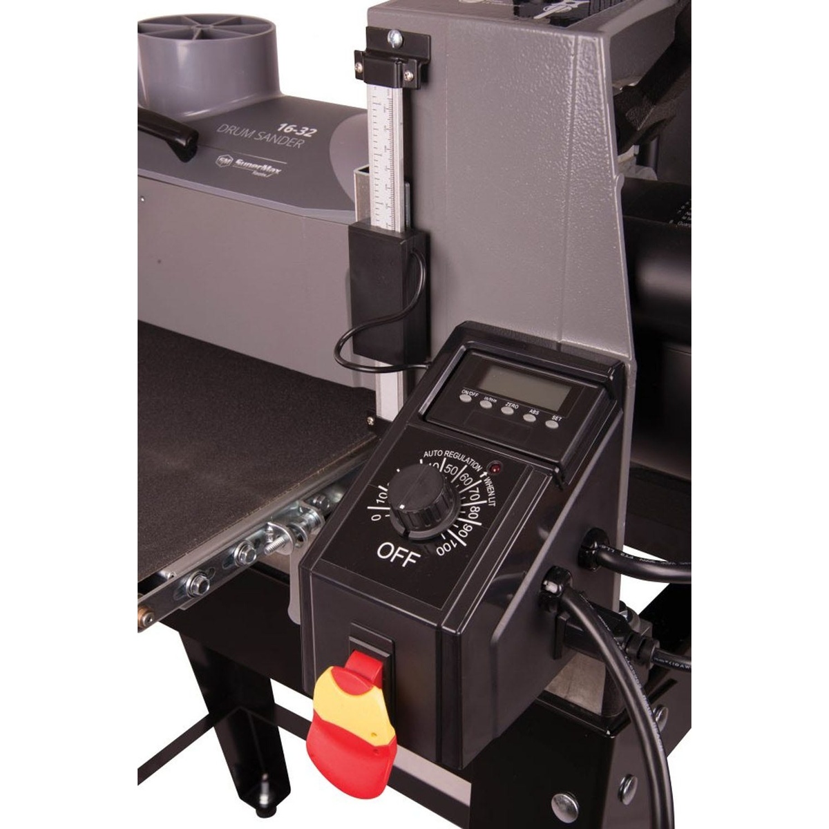Supermax SUPMX-71632 16-32 Drum Sander with Open Stand close-up of digital readout and conveyor speed controls used for accurate thickness sanding in woodworking
