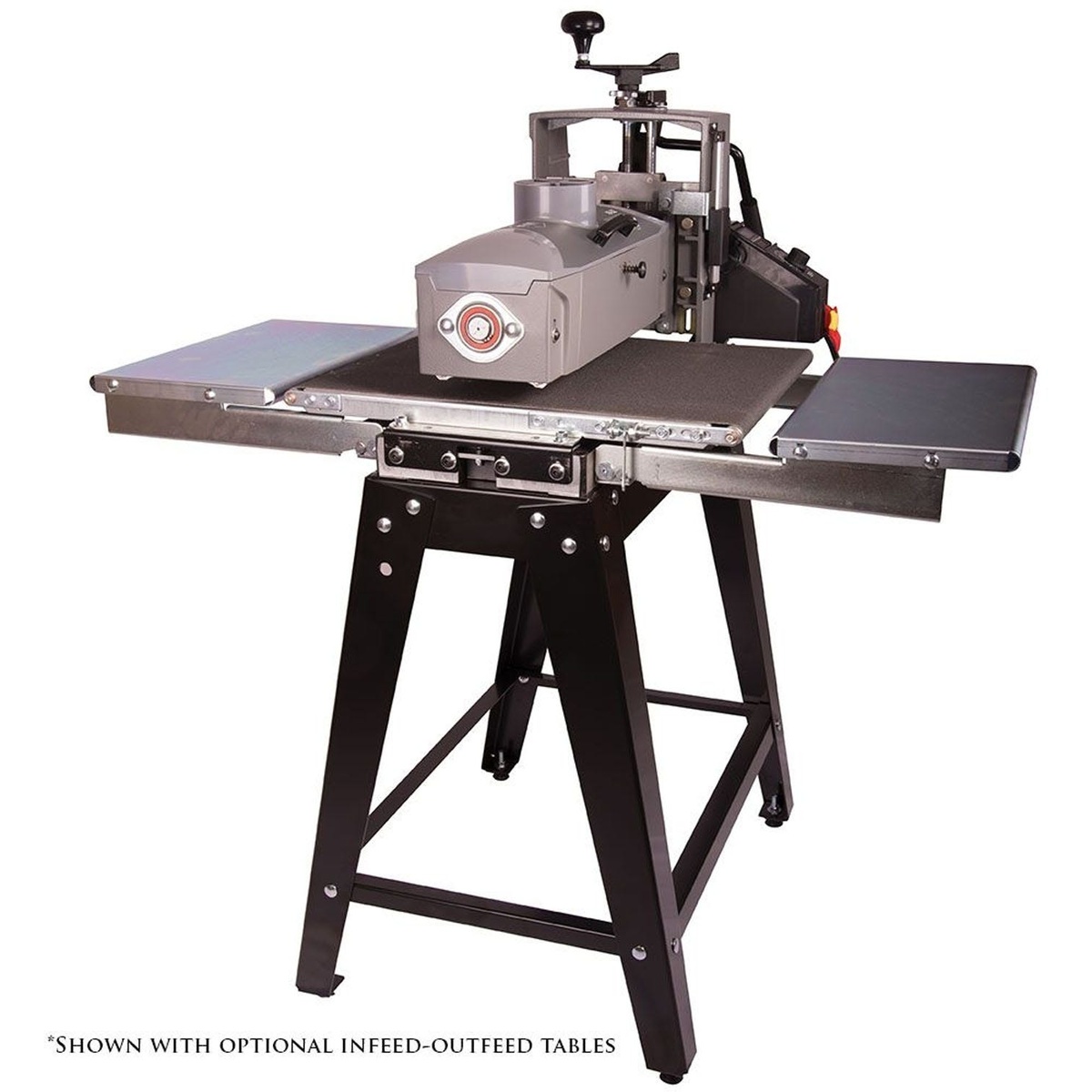 Supermax SUPMX-71632-7F Folding Infeed/Outfeed Tables installed on a 16-32 drum sander to support larger stock during sanding in a woodworking shop setup