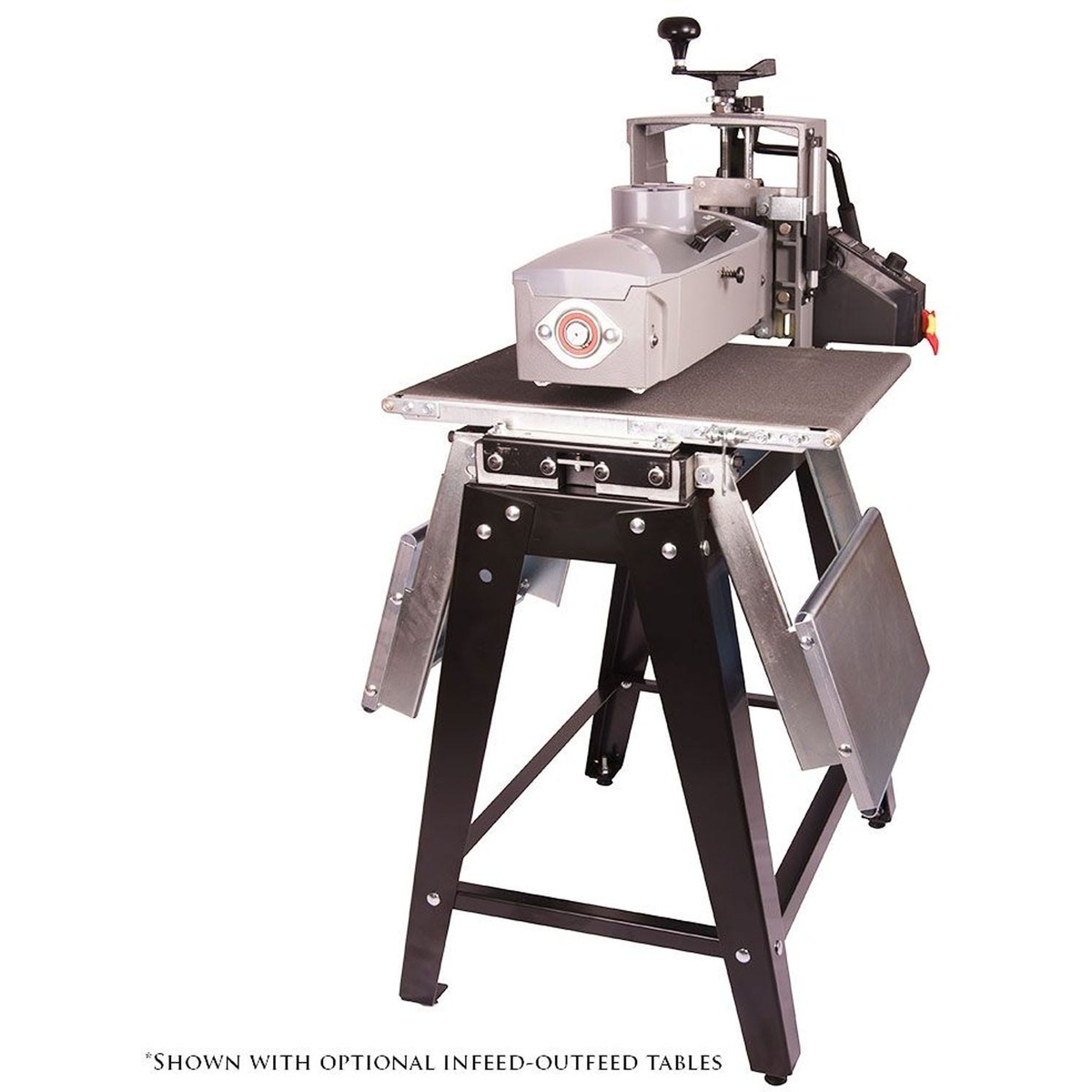 Supermax SUPMX-71632-7F Folding Infeed/Outfeed Tables folded down on a drum sander for compact storage in a small shop