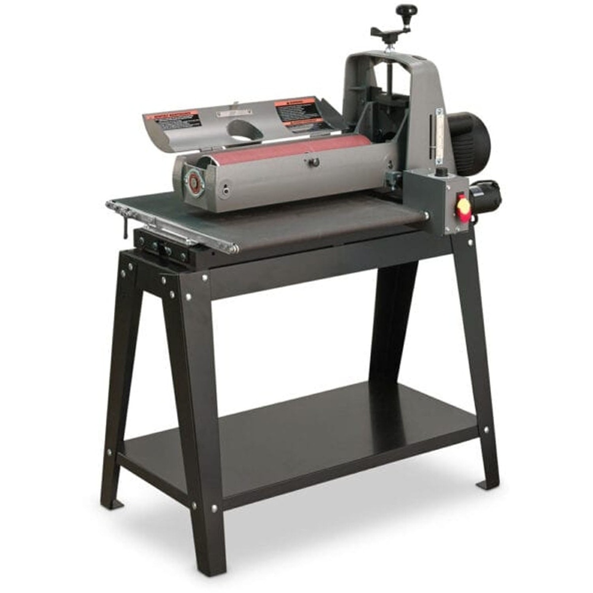 Supermax SUPMX-71938-D 19-38 drum sander with open stand and sanding drum exposed, showing the height adjustment handle and drum assembly for woodworking sanding tasks