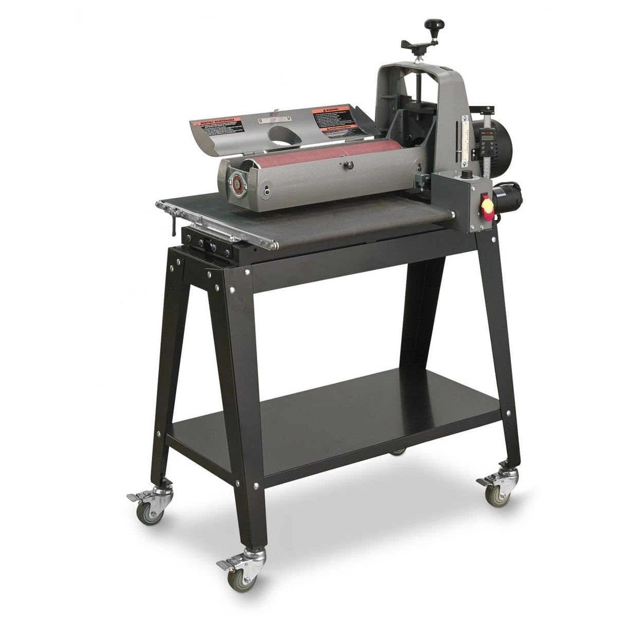 Supermax SUPMX-71938-D 19-38 drum sander on open stand in a woodworking shop setup, showing the full machine used for sanding wide panels and glued wood stock