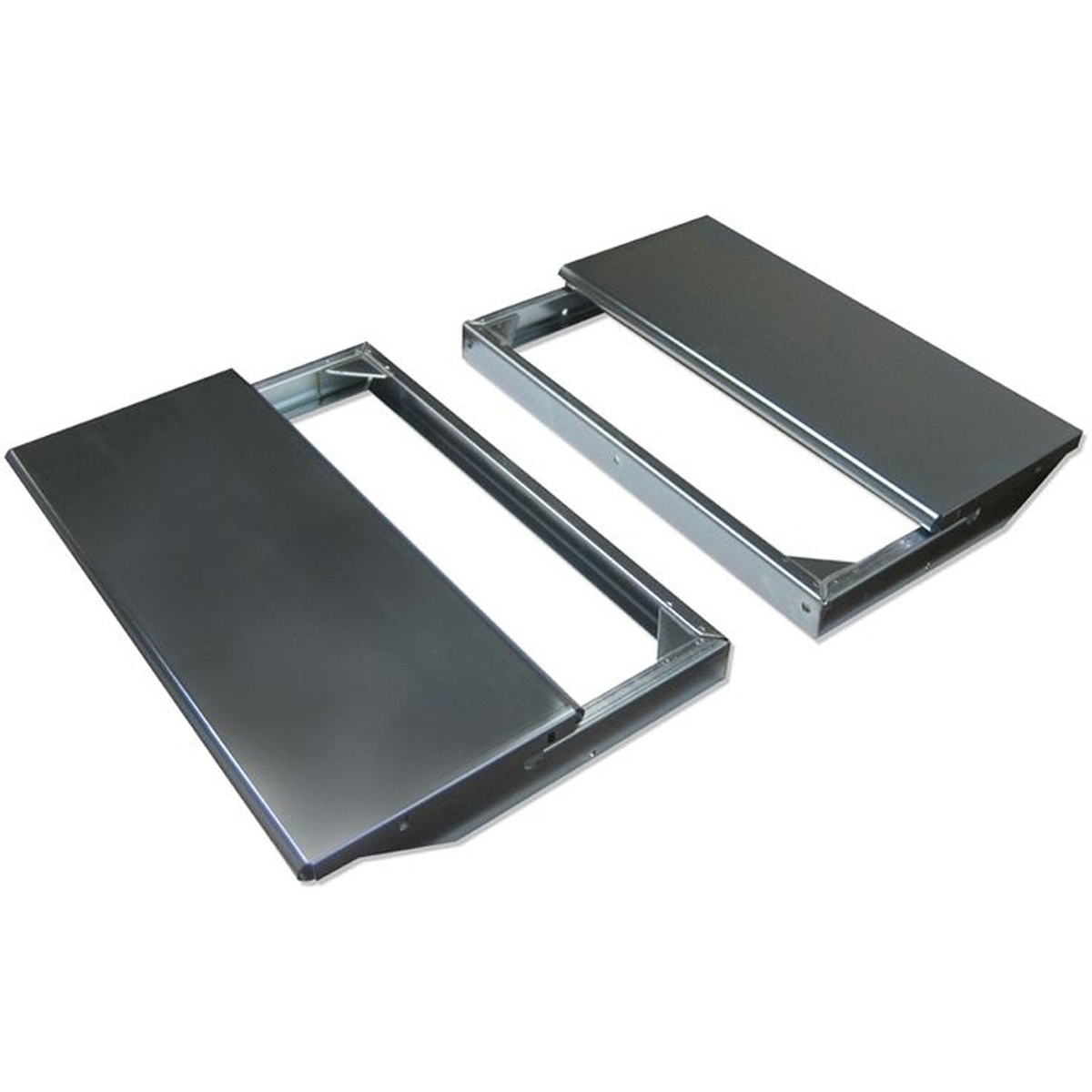 Supermax SUPMX-71938-7F Folding Infeed/Outfeed Tables shown as a pair of folding support tables for a drum sander accessory setup in a woodworking shop context