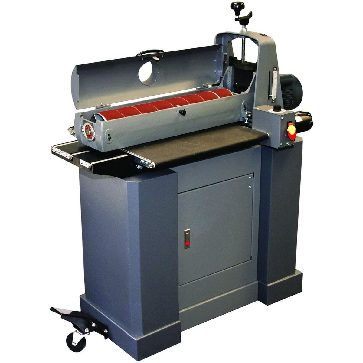 Supermax SUPMX-72550 25-50 Drum Sander with Closed Stand and Mobile Base open and ready for sanding wood stock, showing full machine and conveyor table