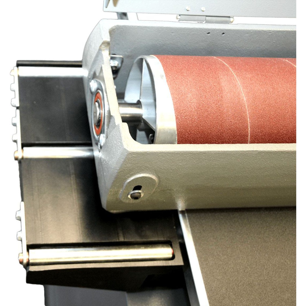 Supermax SUPMX-72550 25-50 Drum Sander abrasive drum close-up showing the sanding wrap and drum area used for wood stock finishing
