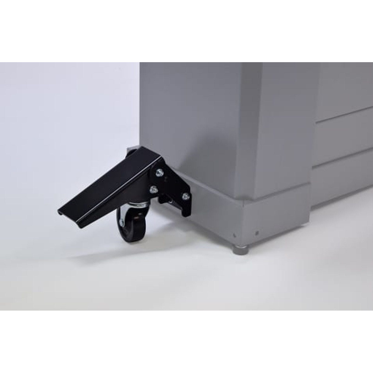 Mobile base wheel on the Supermax SUPMX-72550 25-50 Drum Sander stand, showing how the woodworking machine can be moved around the shop