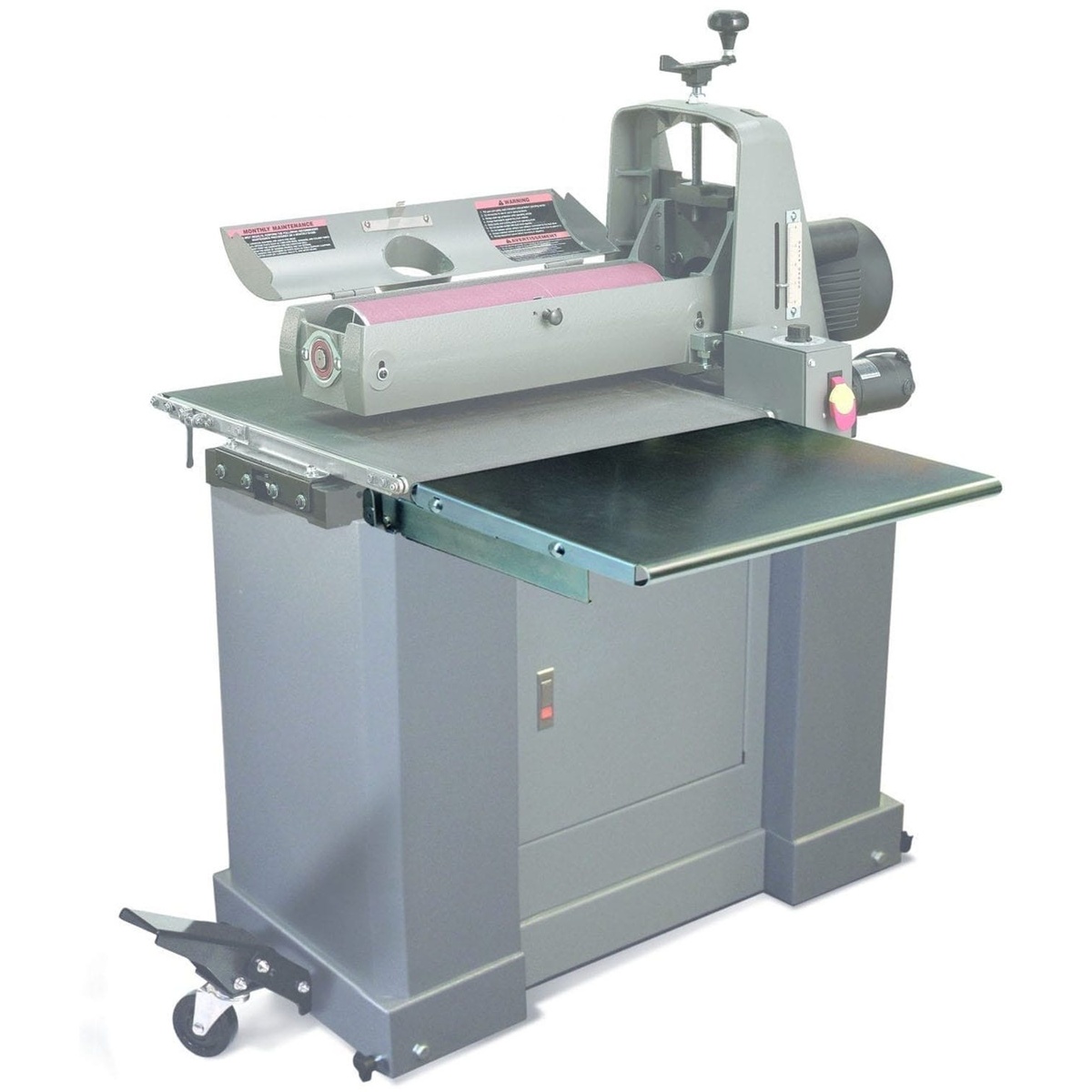 Supermax SUPMX-72550 25-50 Drum Sander with Closed Stand and Mobile Base shown with extended support table in a woodworking shop setup for sanding wide wood panels