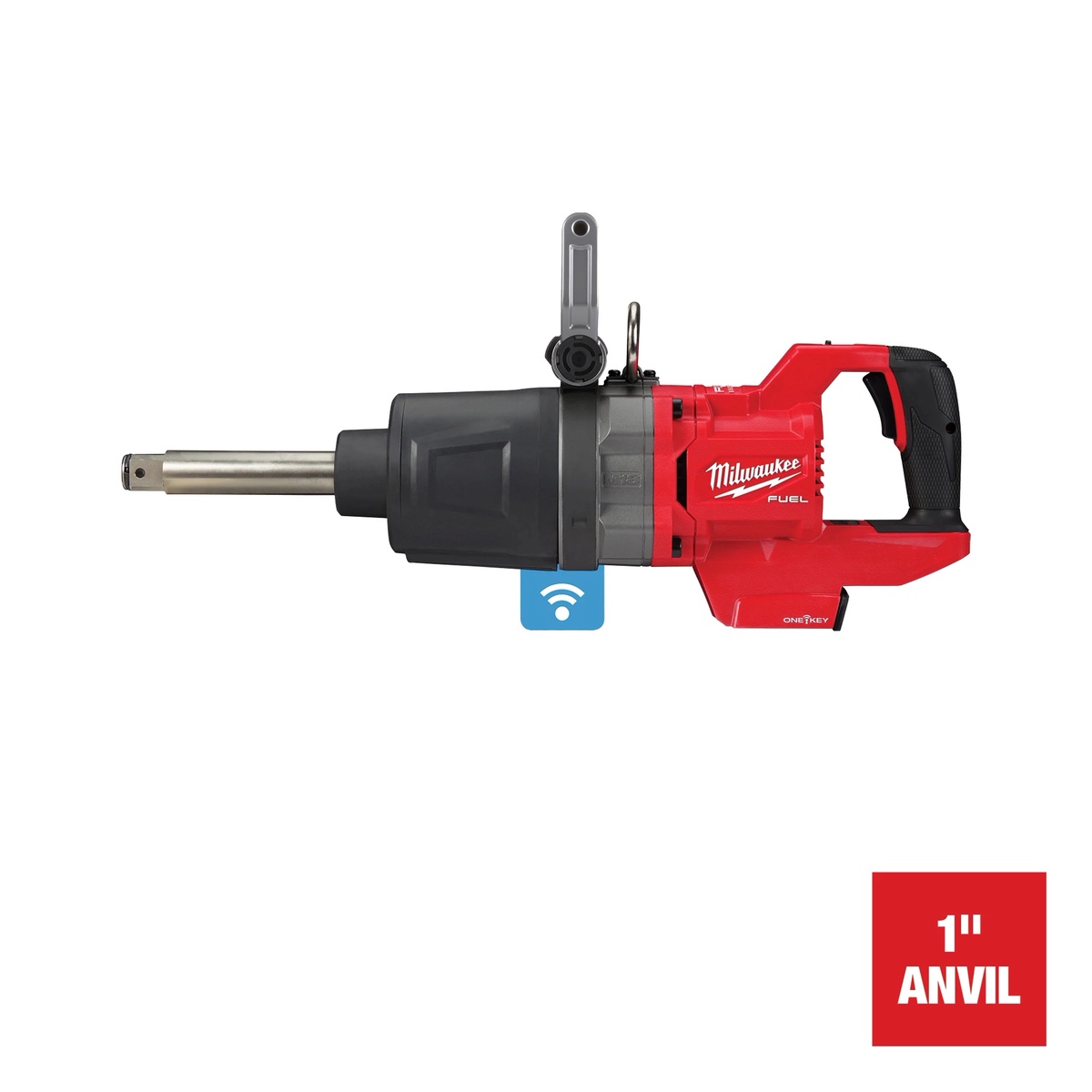 Milwaukee 2869-20 M18 FUEL 1-Inch D-Handle Extended Anvil High Torque Impact Wrench with ONE-KEY shown from the side highlighting the extended anvil and D-handle design