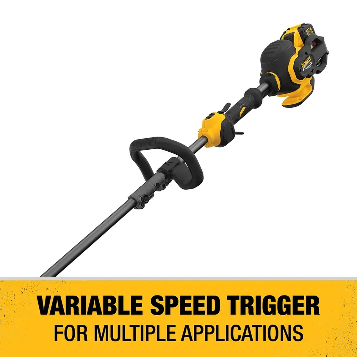 DEWALT DCST970X1S FLEXVOLT 60V MAX 15-In. Brushless Cordless String Trimmer Kit showing trigger and handle controls for variable speed trimming