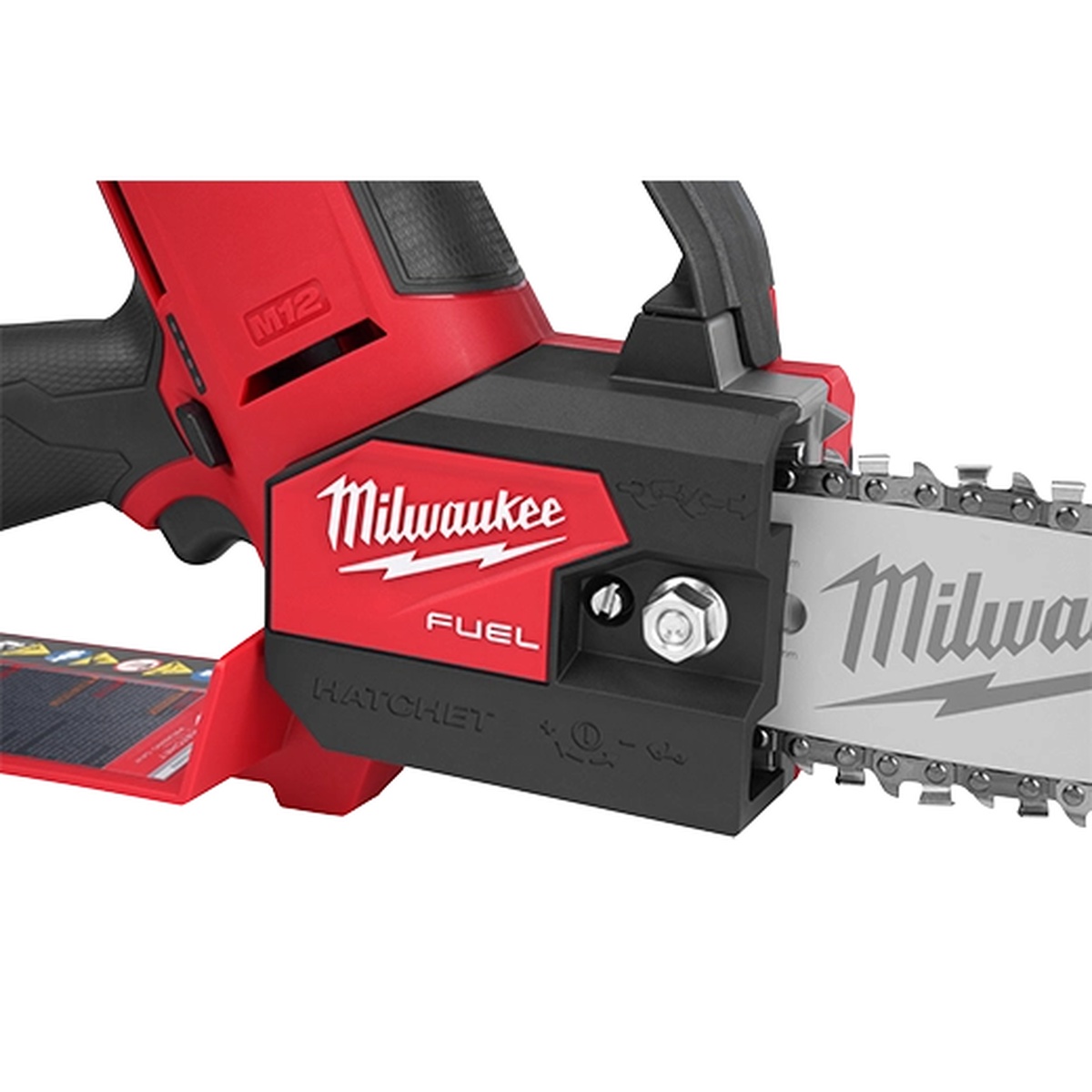 Milwaukee M12 FUEL HATCHET 6 inch Pruning Saw close-up showing the compact body, bar mount, and chain area for branch trimming and pruning work