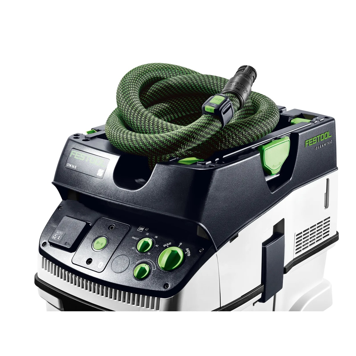 Festool 204923 Anti-Static Suction Hose D36/32x3.5m stored on top of a Festool dust extractor, showing compact storage and system integration on the job
