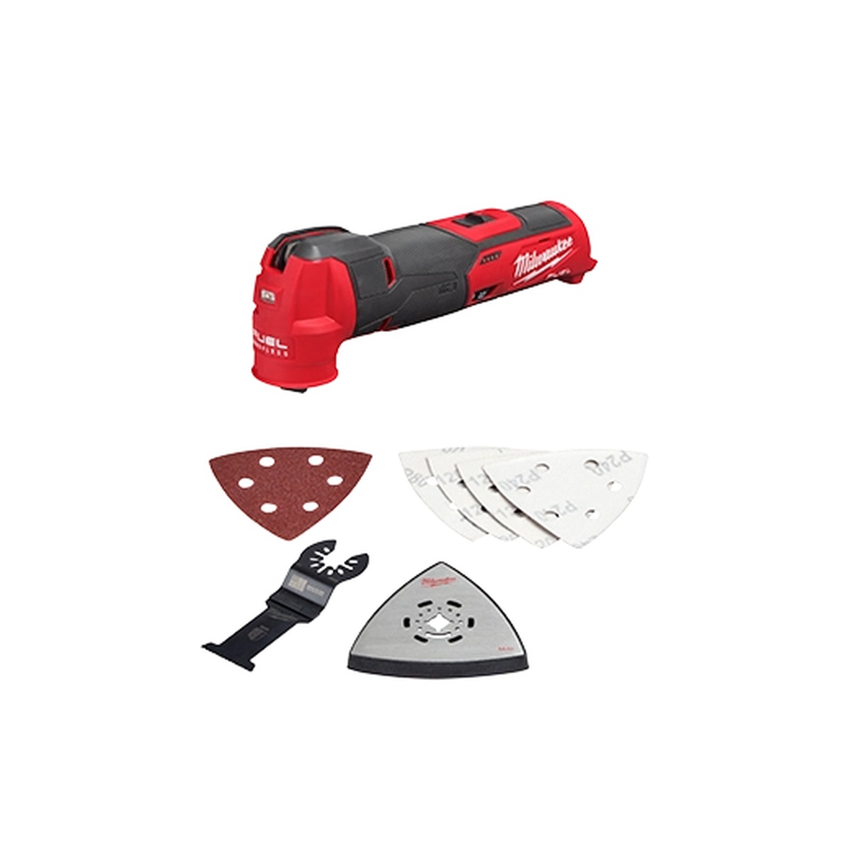 Milwaukee 2526-20 M12 FUEL Oscillating Multi-Tool with included wood blade, sanding pad, and sanding sheets on a clean background