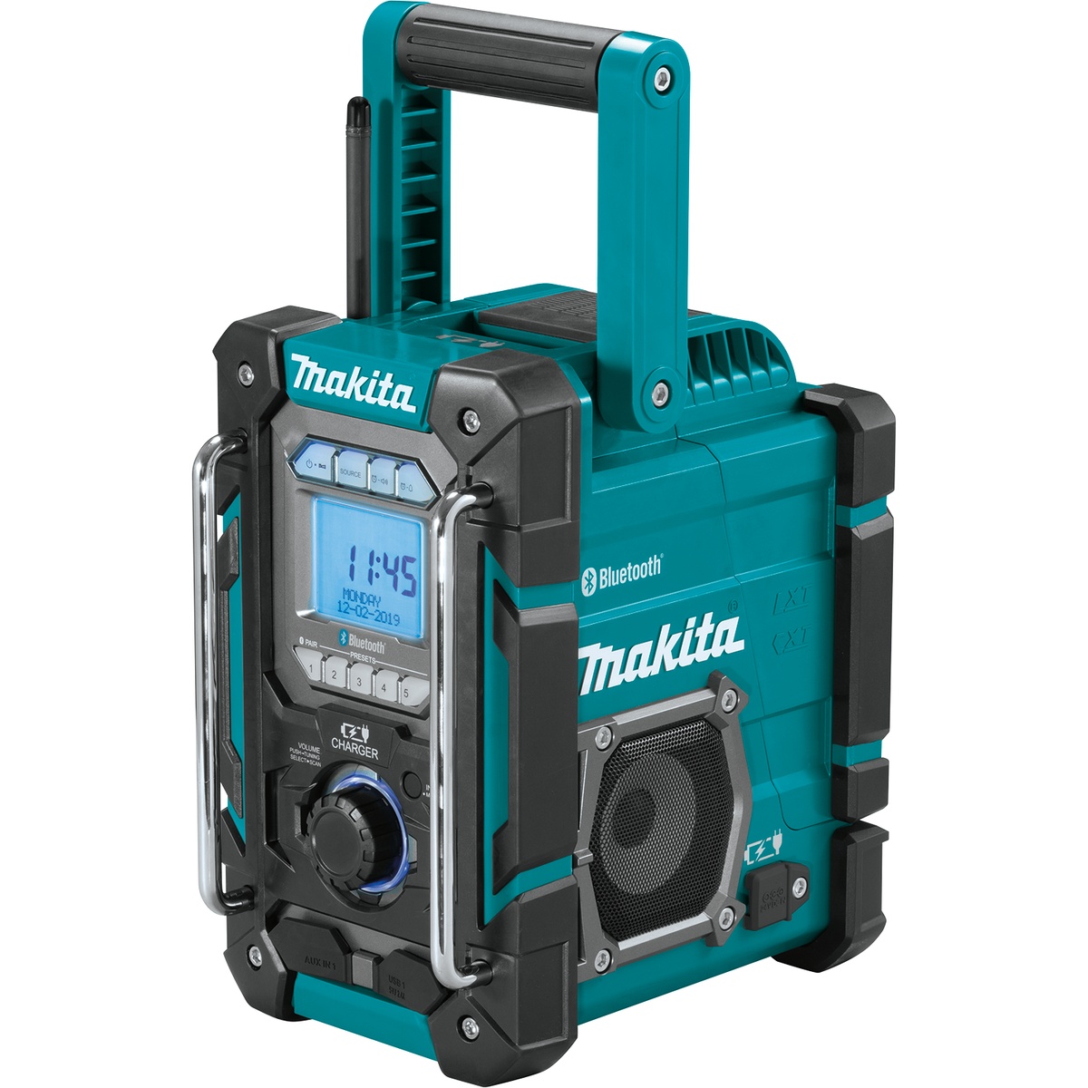 Makita XRM10 18V LXT / 12V max CXT Lithium Ion Cordless/Corded Bluetooth Job Site Charger / Radio shown as a compact upright jobsite radio with carry handle, front controls, and side speaker for workshop and jobsite use