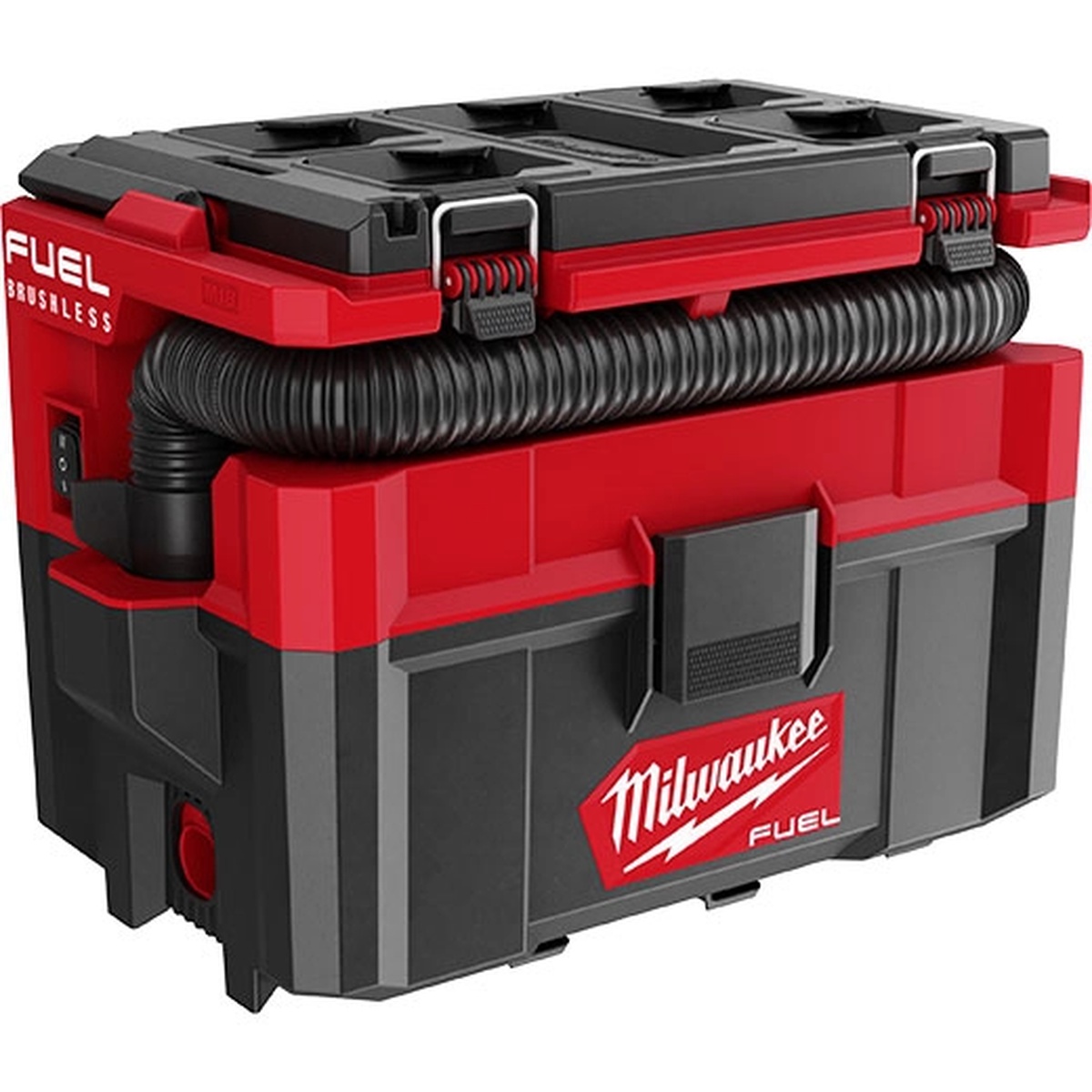 Milwaukee 0970-20 M18 FUEL PACKOUT 2.5 Gallon Wet/Dry Vacuum shown as a compact cordless jobsite vacuum with PACKOUT-compatible top for transport and storage between work areas